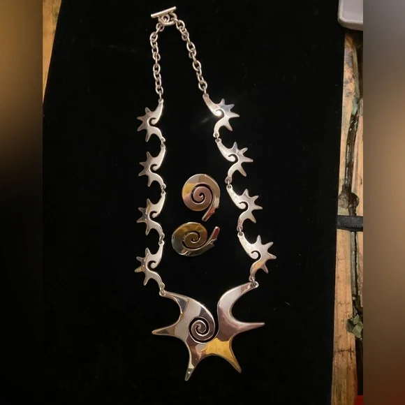 Vintage 925 Mexico Silver Necklace & Earring Set - Picture 3 of 9